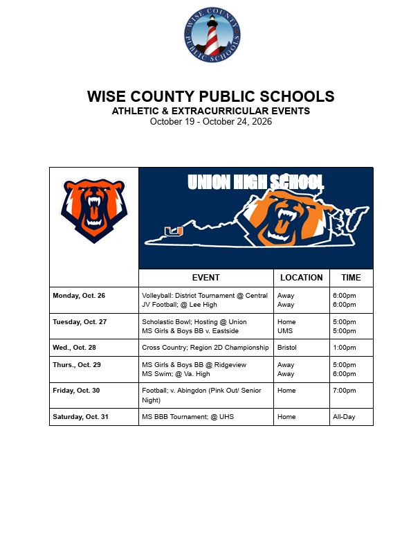 Event schedule for Wise County Public Schools, October 19-24, 2026, with Union High School mascot, dates, times, and locations.