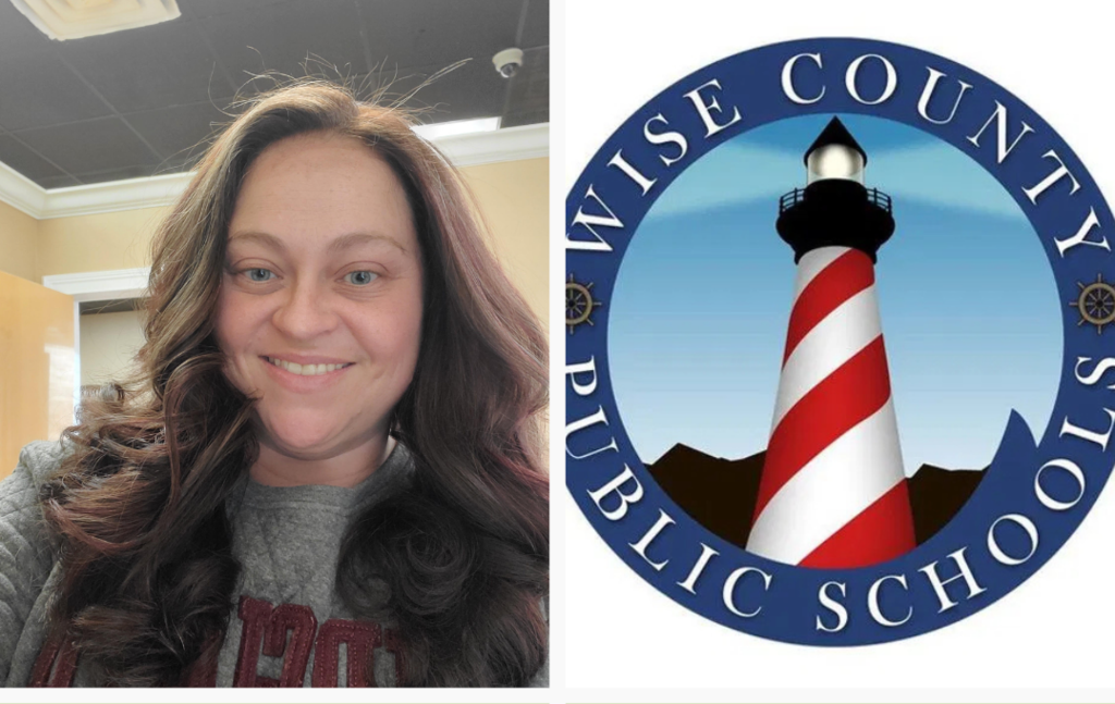 Person smiling at camera next to a logo of a lighthouse with red and white stripes.