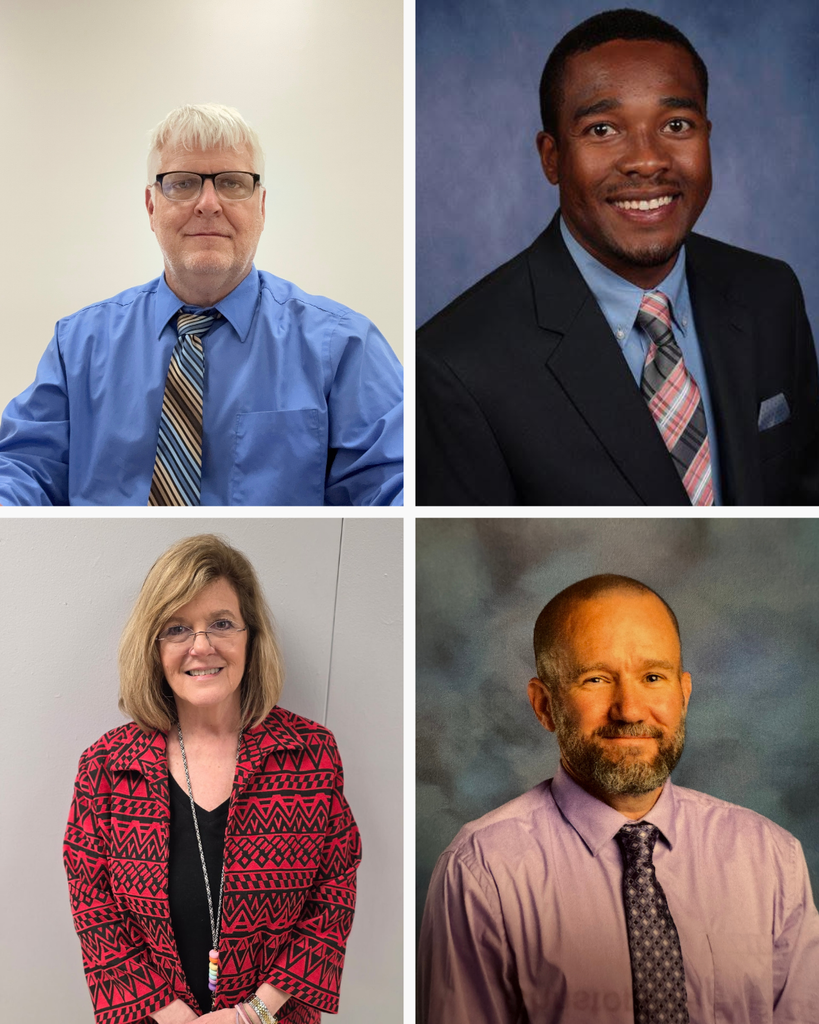 Four photos of adults wearing ties and collared shirts. One woman wears a patterned jacket, one man wears a dark suit.