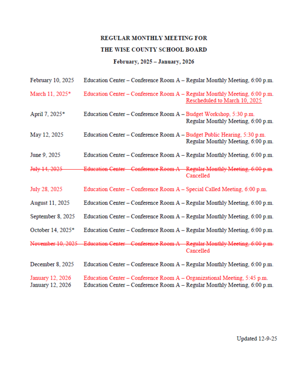 Monthly Meeting Schedule