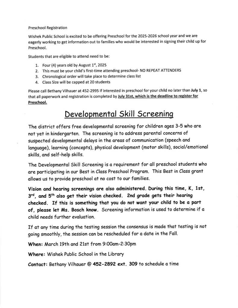 Preschool screening information, page 1
