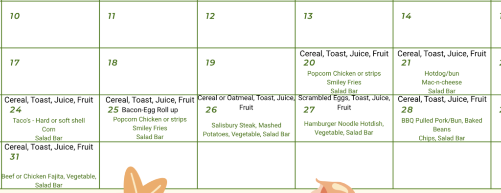 lunch/breakfast menu for August