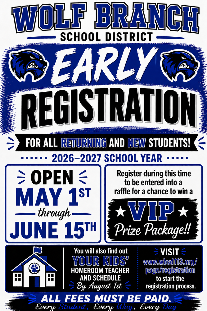 2026-2027 Early Registration Opens May 1st for all NEW & RETURNING students.   Register between May 1st-June 15th and be entered in a drawing to win a VIP Prize Package! Those that register during this time will also find out their students' homeroom teacher on Aug 1st.   Click the link below to view the registration process.   Link to Registration 