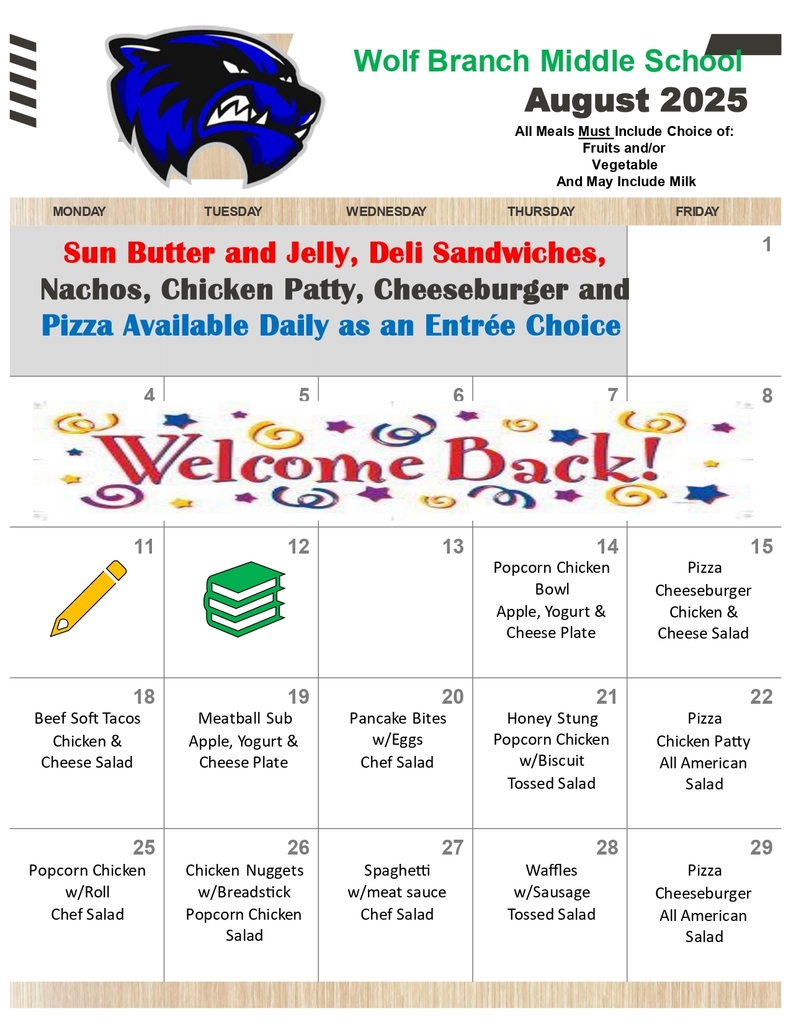August, 2025 Middle School Lunch Menu