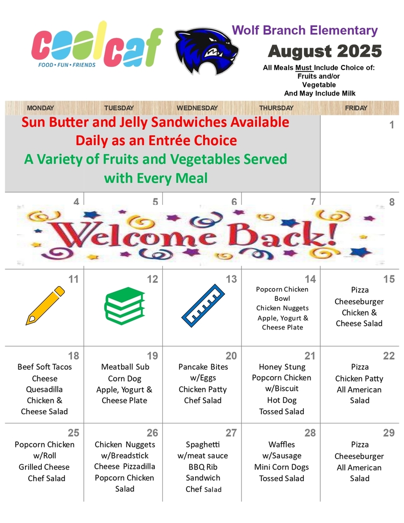 August, 2025 Elementary School Lunch Menu