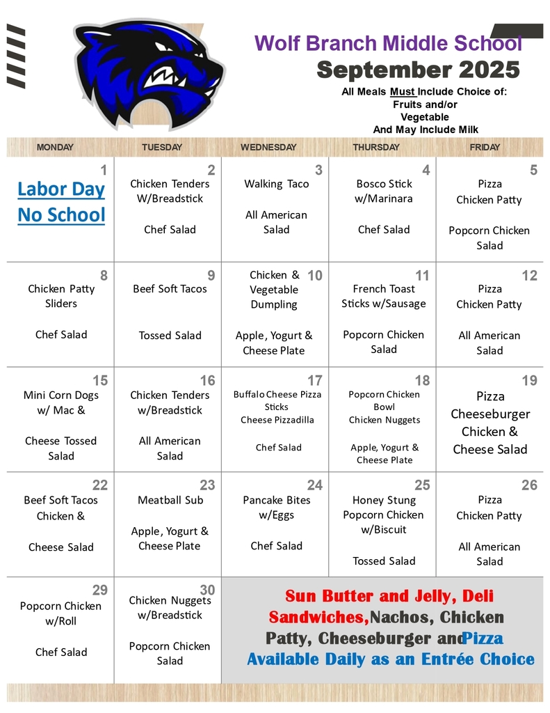 September, 2025 Middle School Lunch Menu