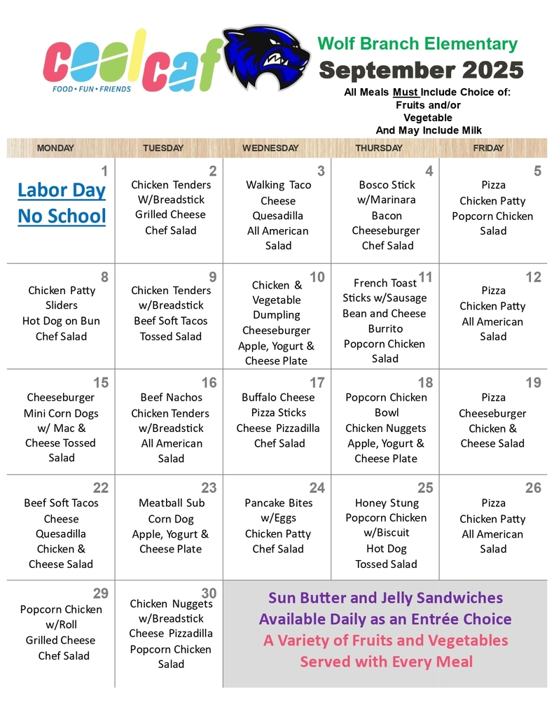 September, 2025 Elementary Lunch Menu