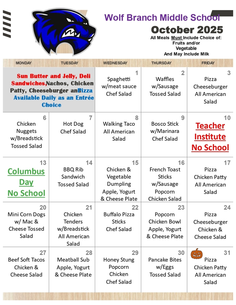 October, 2025 Middle School Lunch Menu