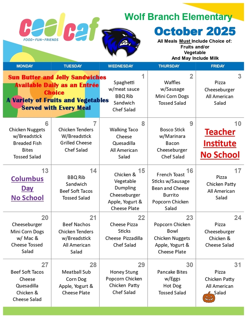 October, 2025 Elementary Lunch Menu