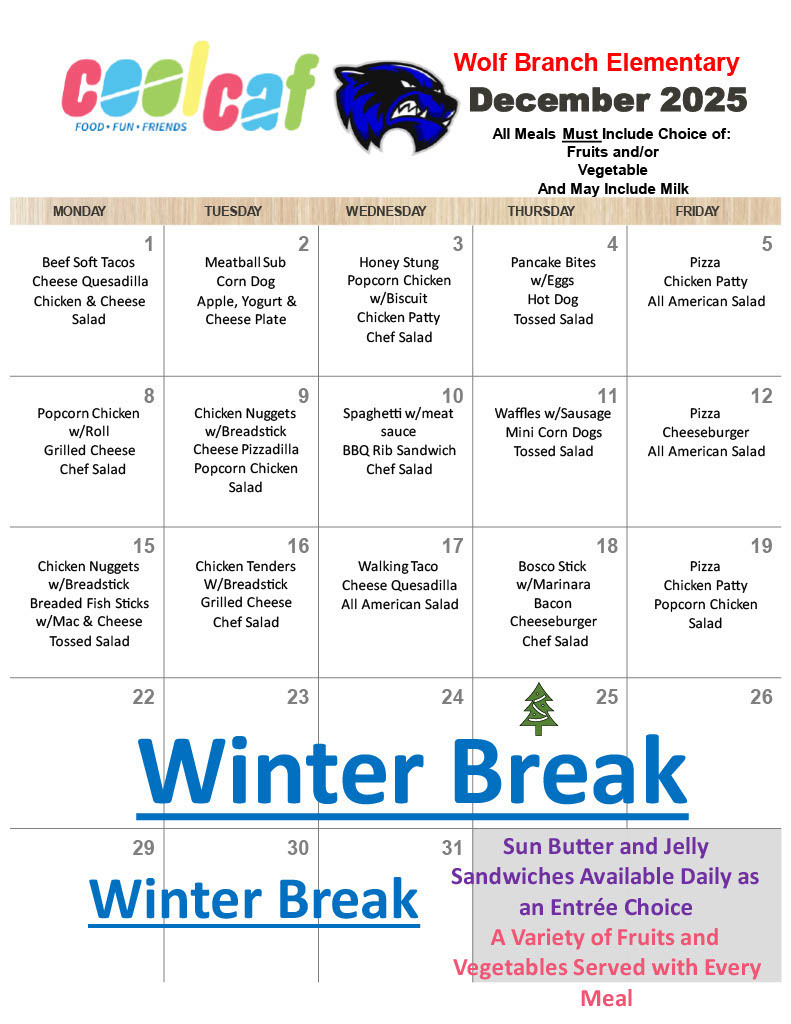 December, 2025 - Elementary School Lunch Menu