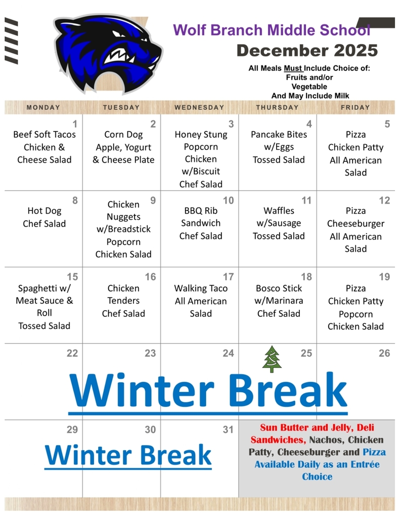 December, 2025 - Middle School Lunch Menu