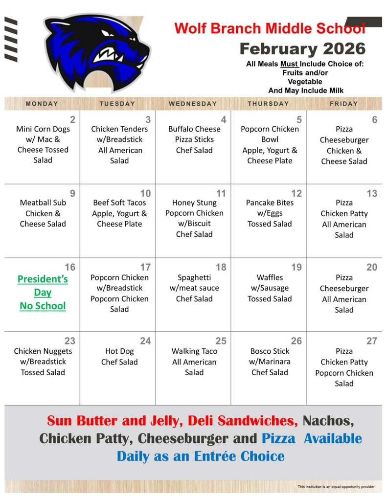 February, 2026 Middle Scool Lunch Menu
