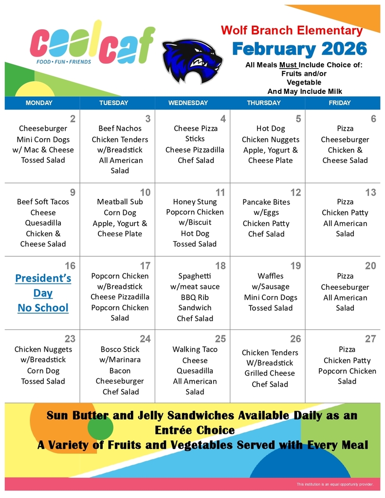 February, 2026 Elementary School Lunch Menu