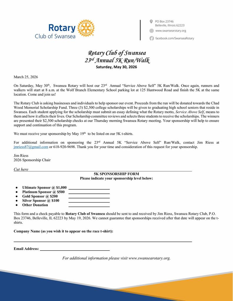 Swansea Rotary 5K Run/Walk  Sponsorship Form (due May 19, 2026)