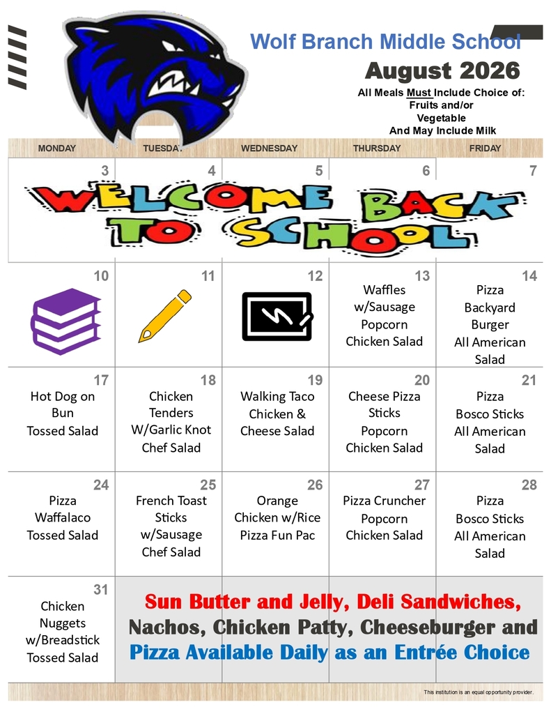 August, 2026 - Middle School Lunch Menu