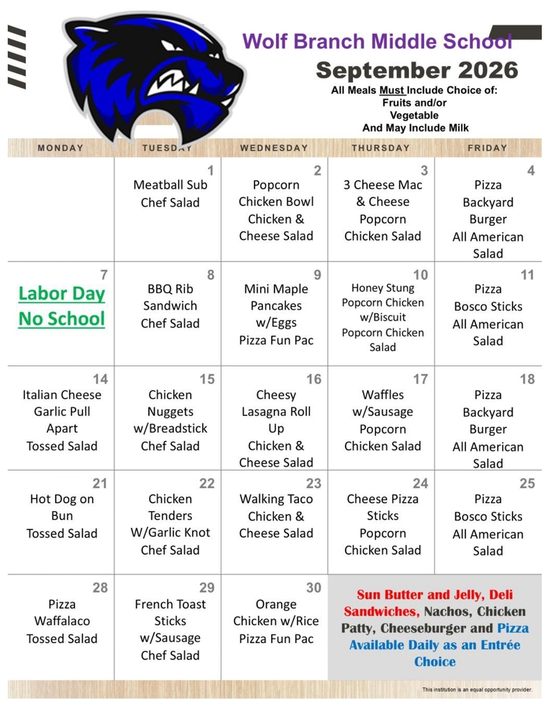 September, 2026 - Middle School Lunch Menu