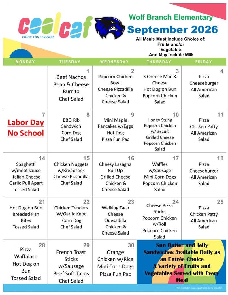 September, 2026 - Elementary School Lunch Menu