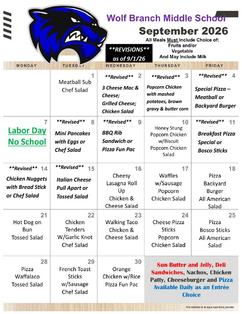 Revised September, 2026 Middle School Lunch Menu