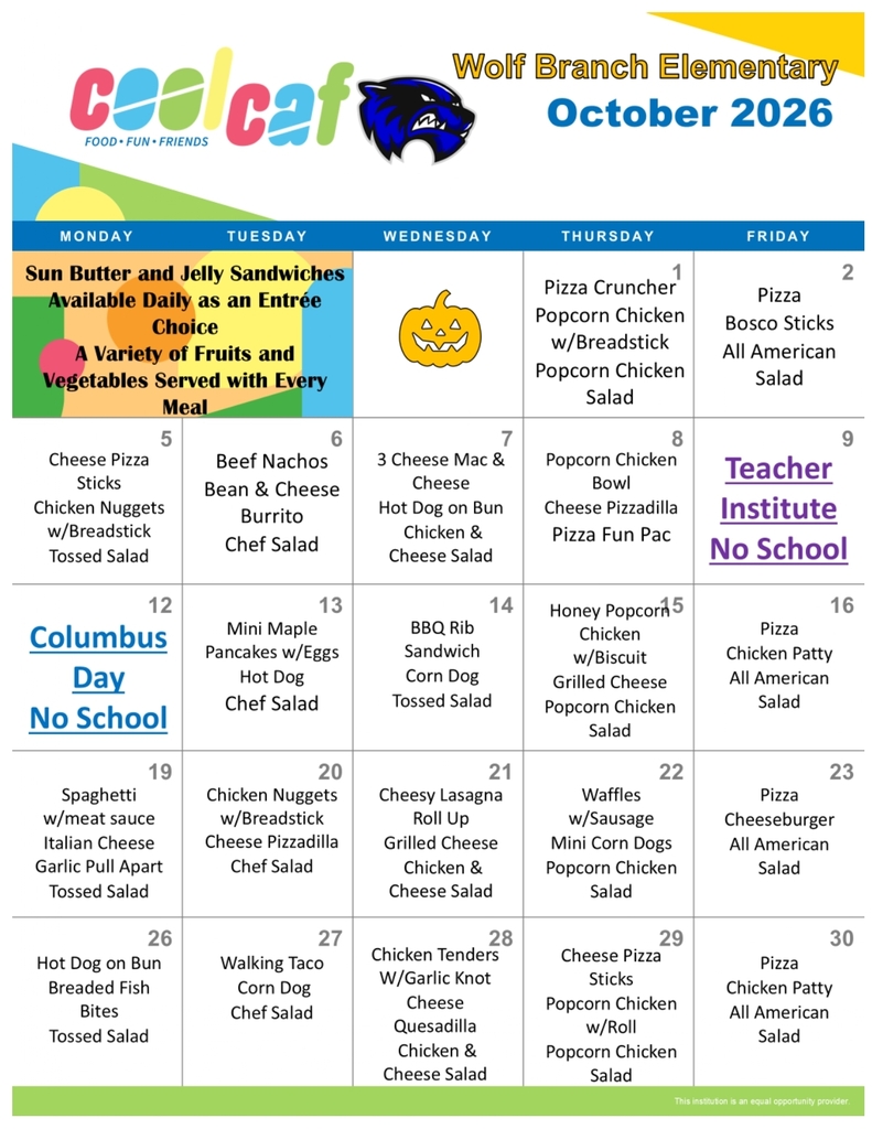 October, 2026 Lunch Menu - Elementary School