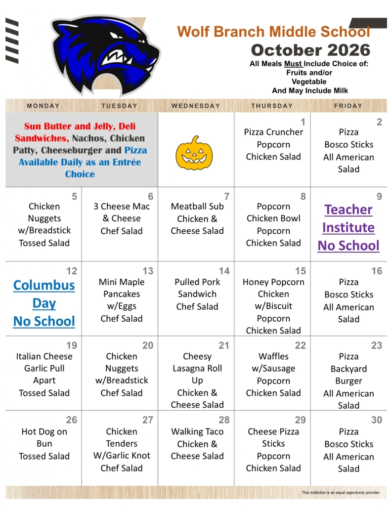 October, 2026 - Middle Schol Lunch Menu