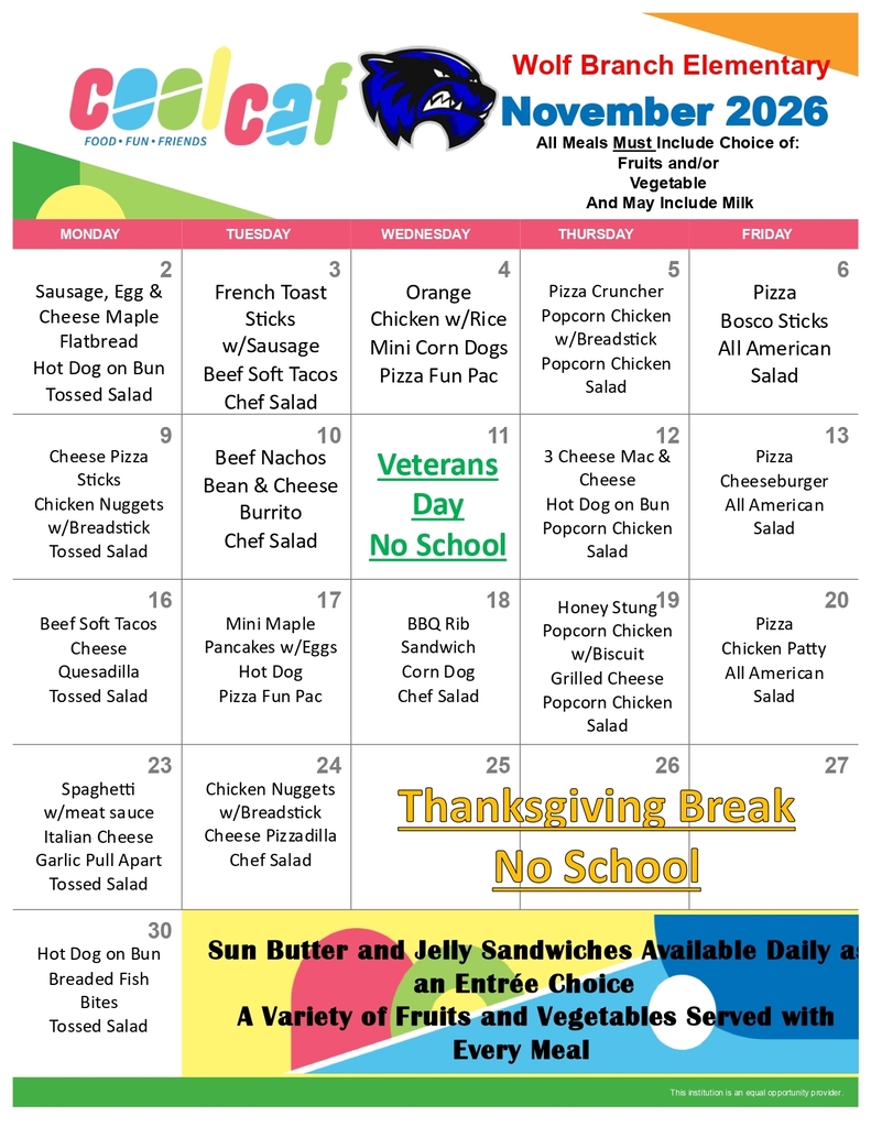 November, 2026 Elementary School Menu
