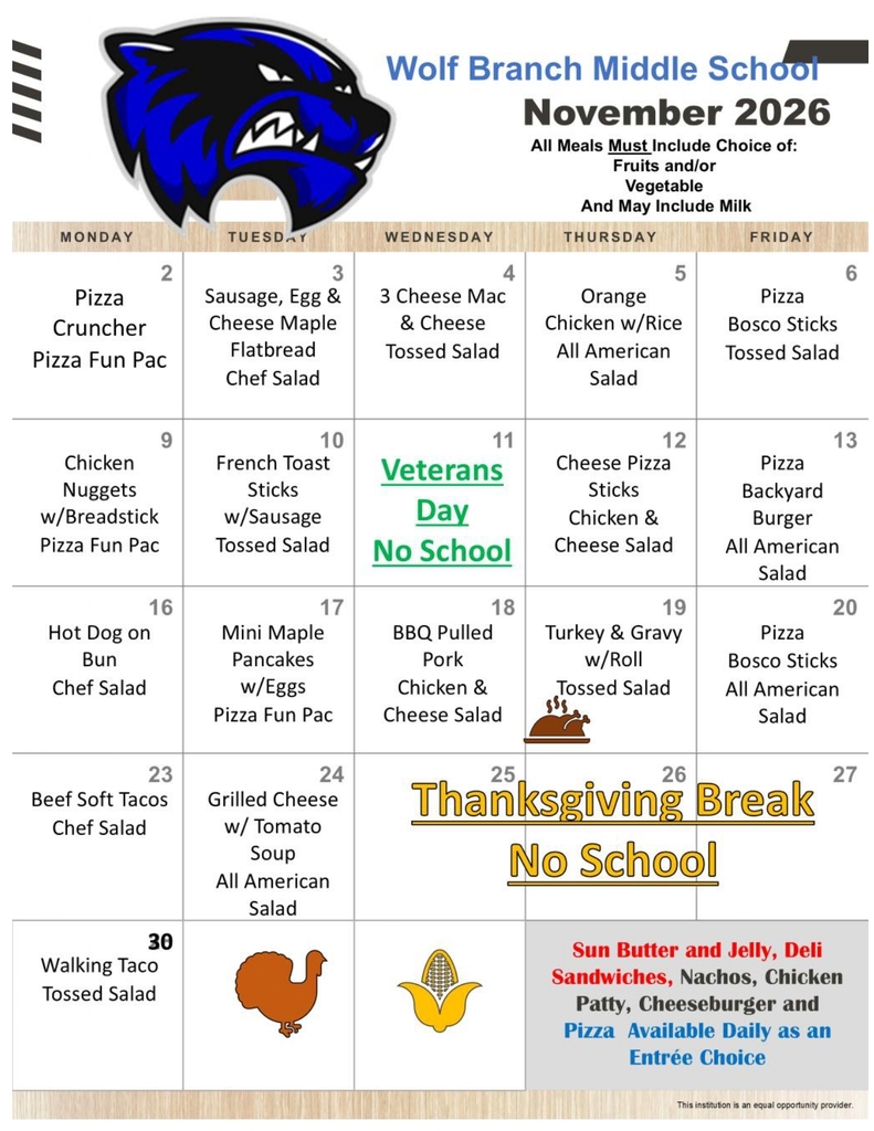 November, 2026 - Middle School Lunch Menu