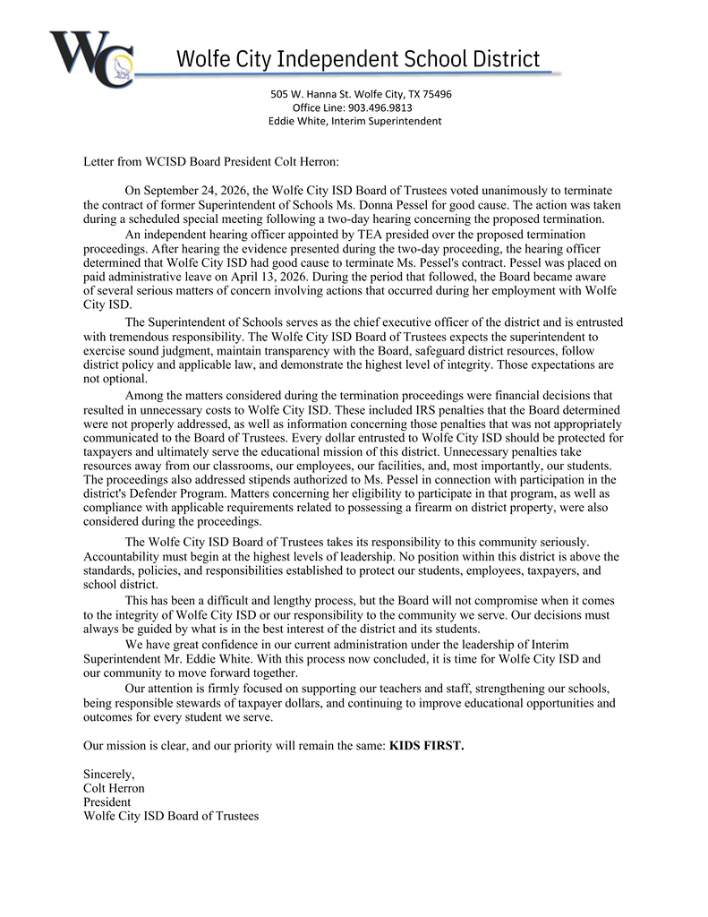 Letter from Board President