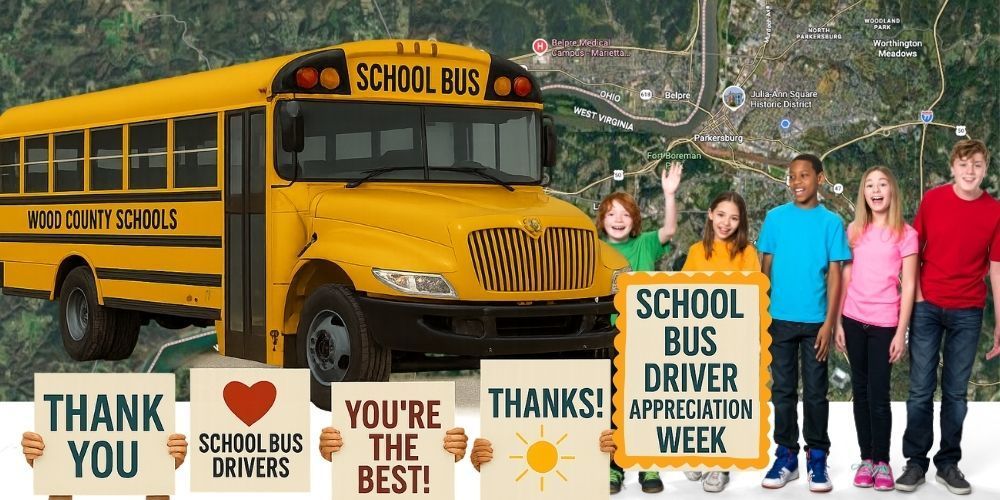 image of a wood county schools bus with hands holding signs with messages of gratitude for bus drivers