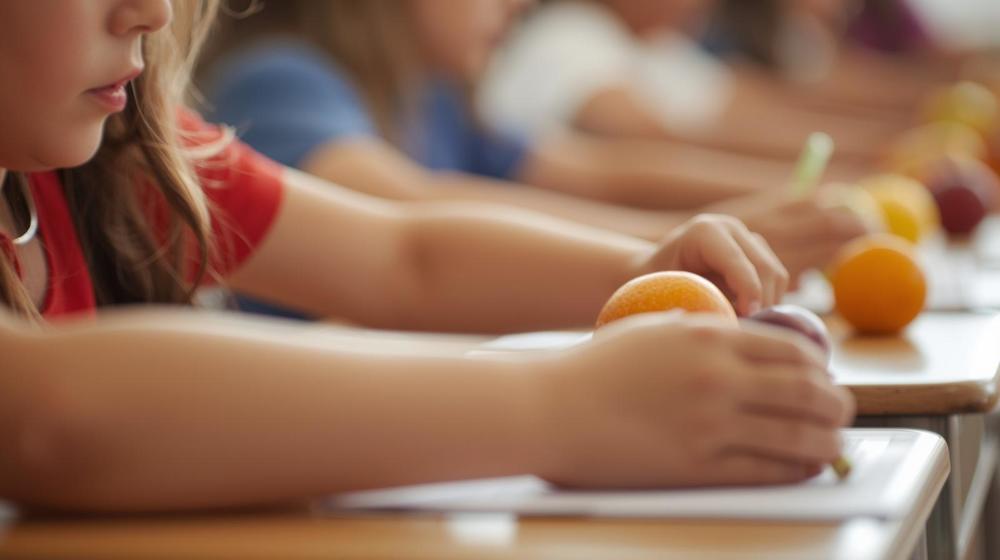 image of a student using fruit with an assignment at her desk