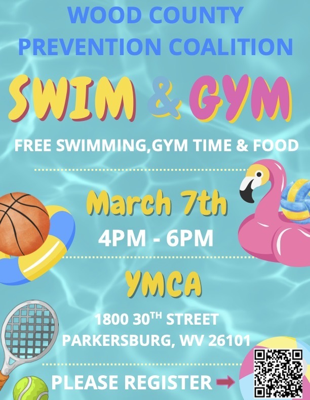"swim and gym" flyer for the wood county prevention coalition - march 7th from 4 to 6 pm at the parkersburg wv ymca