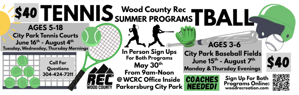 summer tennis and t-ball programs from wood county rec flyer