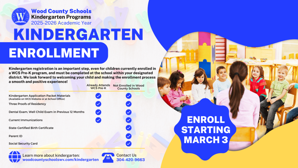 Kindergarten enrollment flyer in blue and yellow