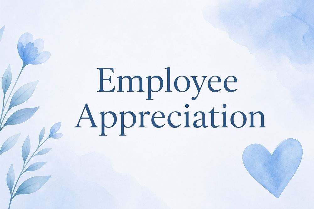 "Employee Appreciation" with blue color scheme including blue flowers and a blue heart