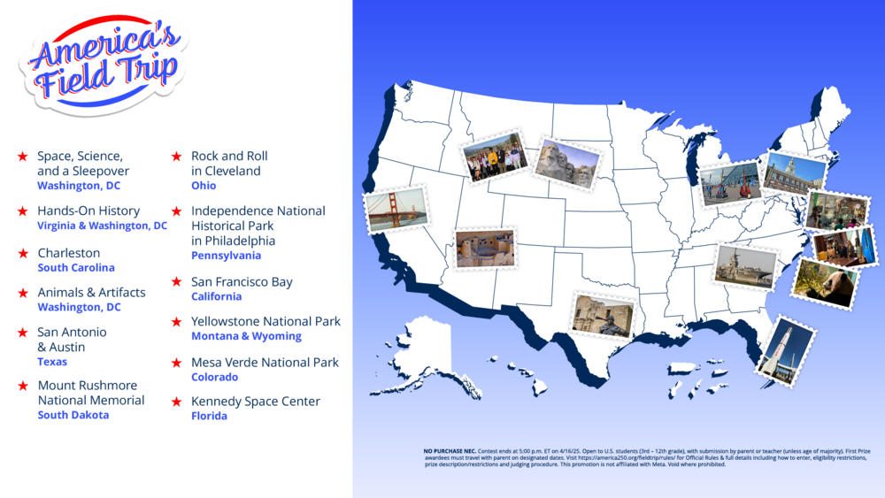 Flyer for "America's Field Trips." The flyer includes a map of the USA with very small photos that resemble snapshots.