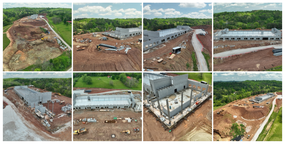 eight small images of an aerial view of the construction progress of the new Lubeck Elementary School in Lubeck, West Virginia as part of Wood County Schools