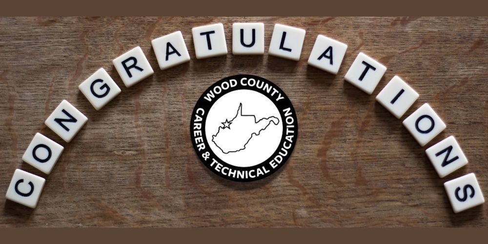 woodgrain backdrop with the word "congratulations" and the logo for the wood county technical center