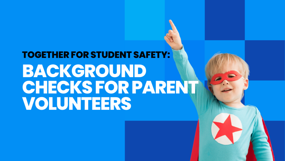 image of a child in a super hero costume and a message for parents about getting background checks