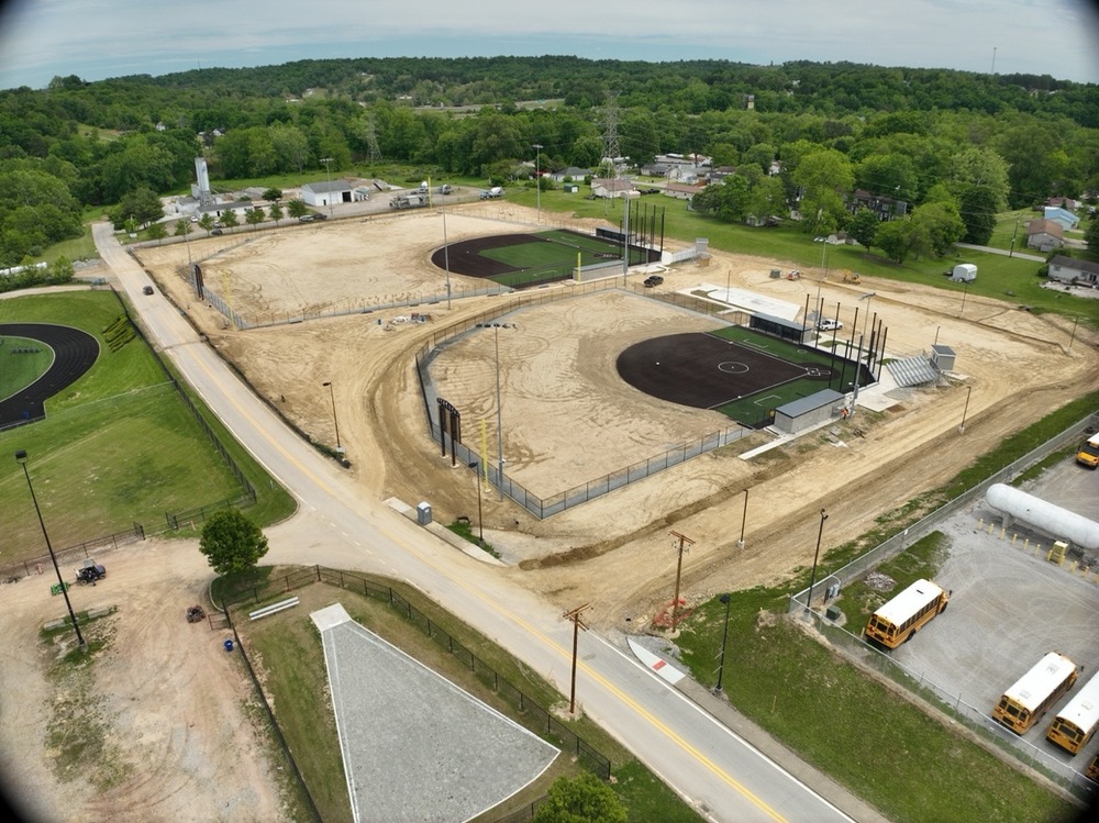 aerial photography of construction progress on the new ballfields at Erickson All-Sports Facility in Parkersburg, West Virginia