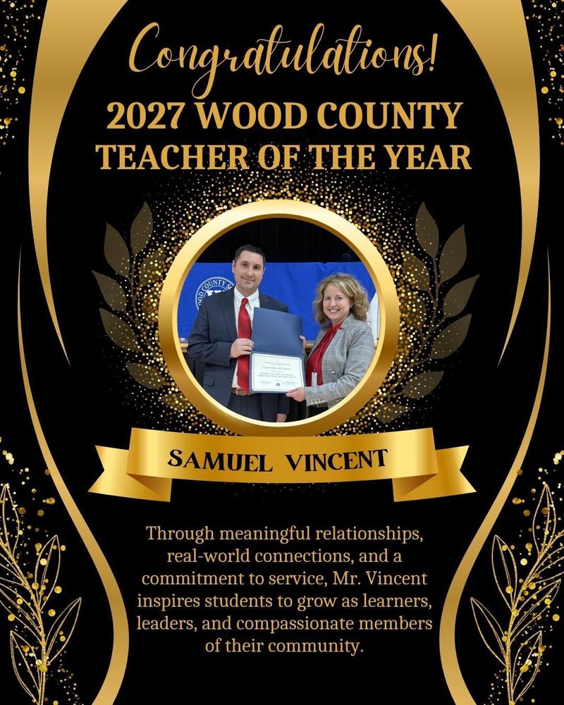 image of the teacher of the year winner and the superintendent of wood county schools