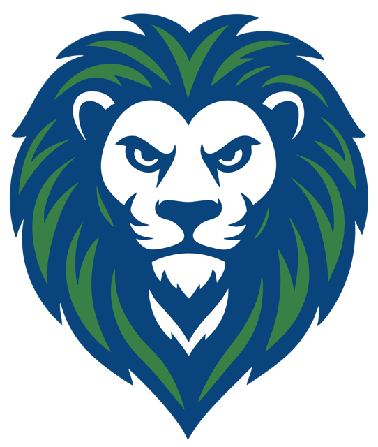 The new Lincoln Elementary mascot "Vandy" the lion with blue and green colors (face only)