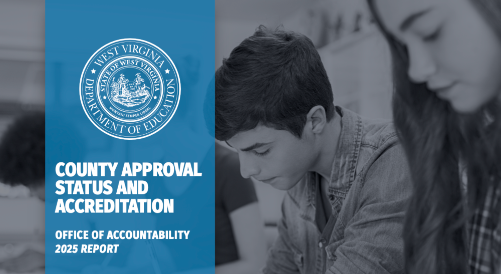 image of male and female student looking down with a banner that says "county approval status and accreditation - office of accountability 2025 report"