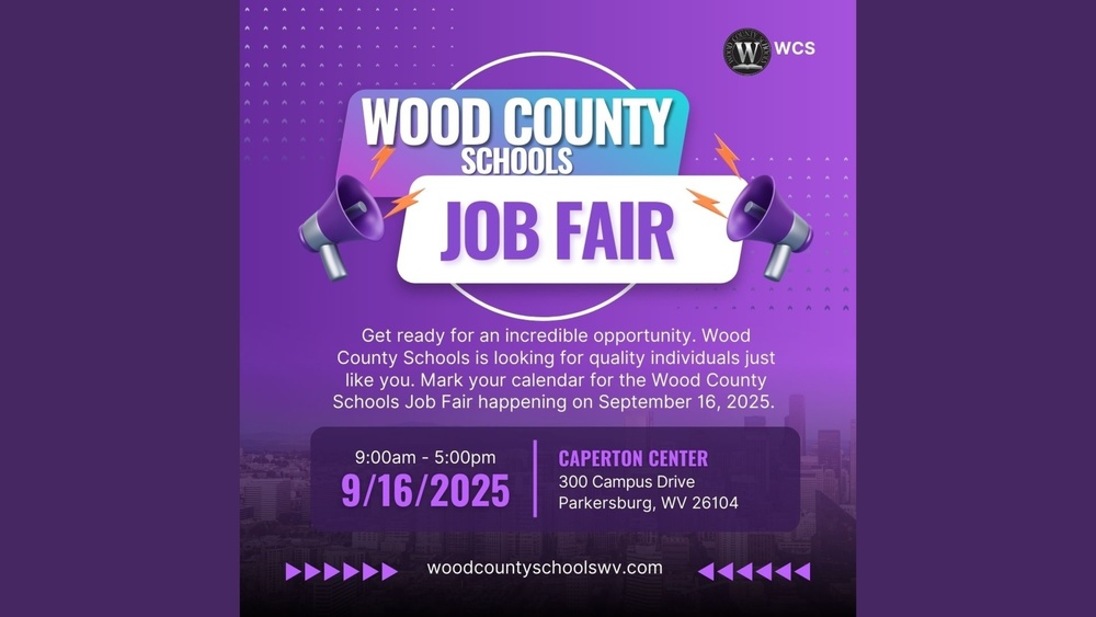 job fair flyer in purple for Wood County Schools - Caperton Center on 9/16/2025