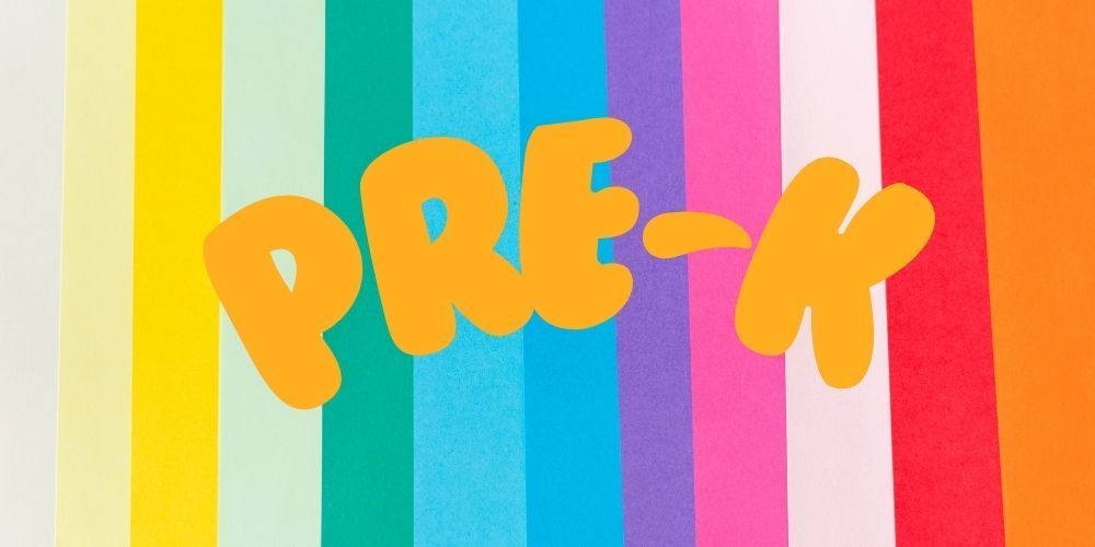 Image with multiple vertical colors with the word Pre-k centered and in orange