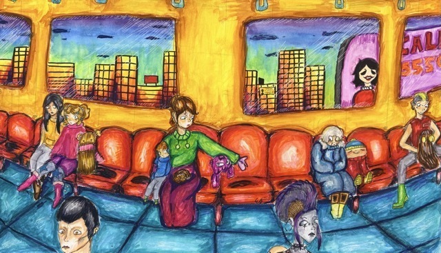 student art with image of passengers on a subway with city skyline showing through windows while passengers are seated from various backgrounds