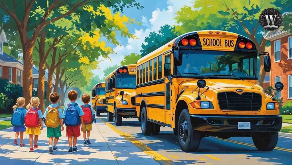 image of school buses with children walking near roadway
