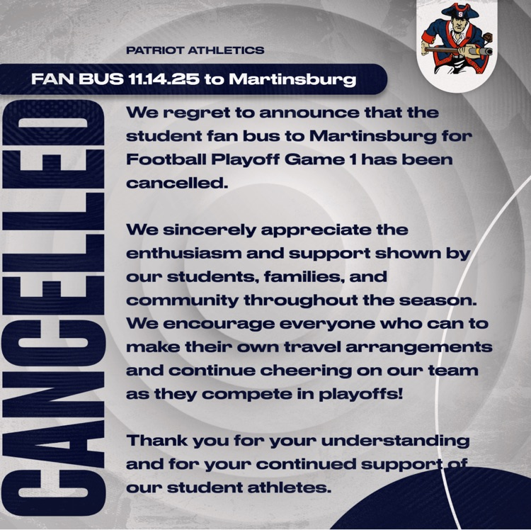 11.14.25 Fan Bus Cancelled to Martinsburg