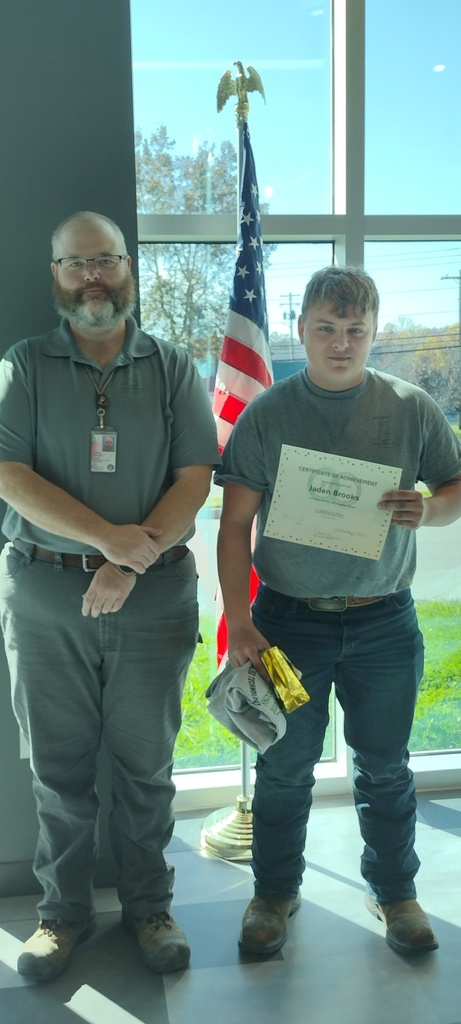 Mr. Kimble and Jaden Brooks - Student of the First Nine Weeks - Carpentry