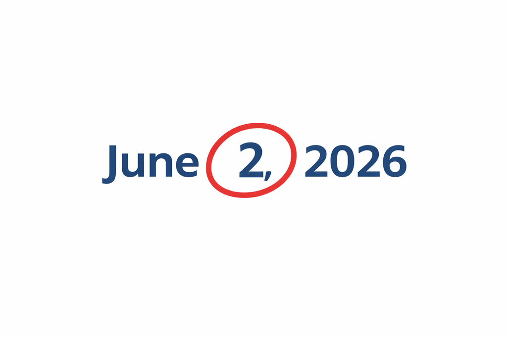 june 2, 2026 with the number 2 circled in red