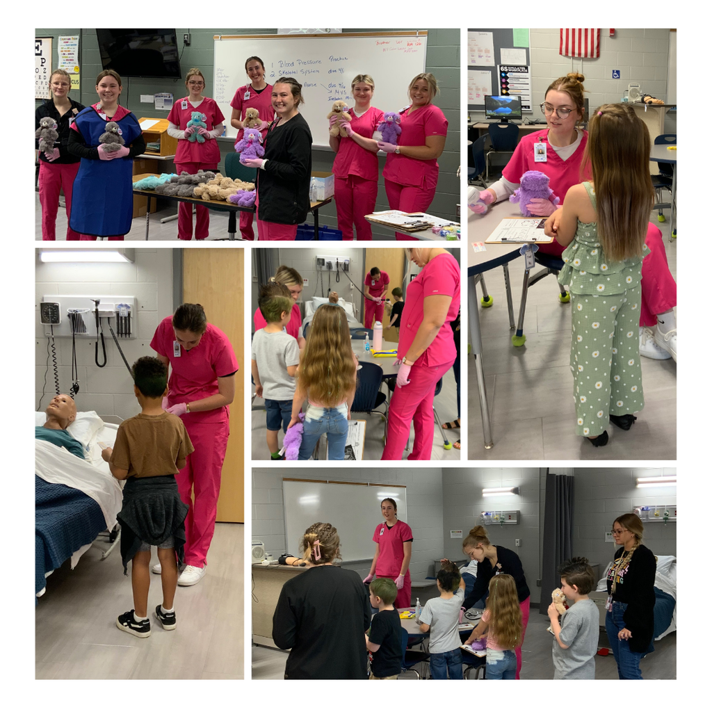 Image is a collage featuring high school students and elementary school students participating together in an activity.