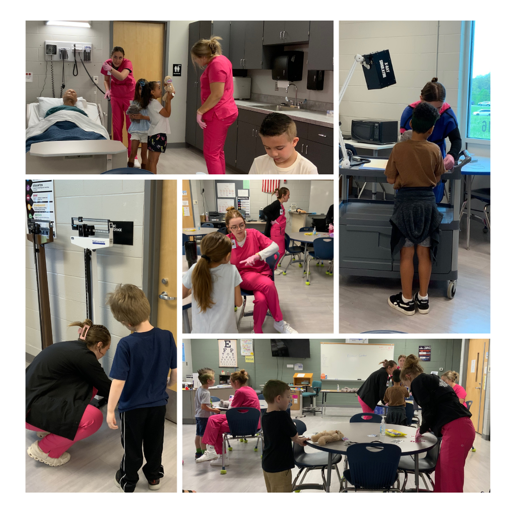 Image is a collage featuring high school students and elementary school students participating together in an activity.